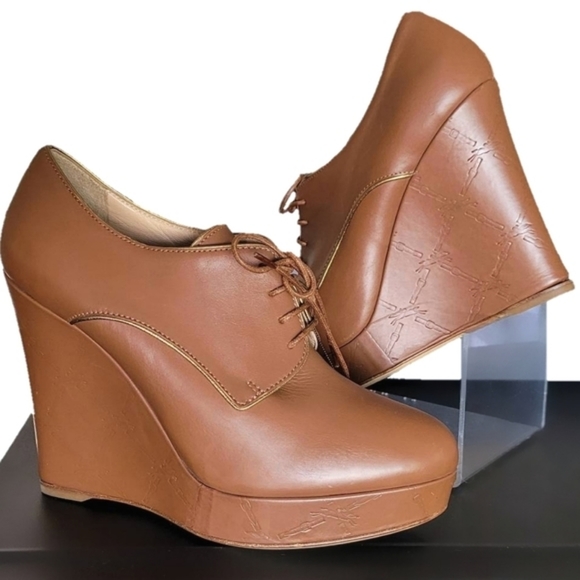 LONGCHAMP ankle bootie logo embossed platform wedge heel - Picture 1 of 12